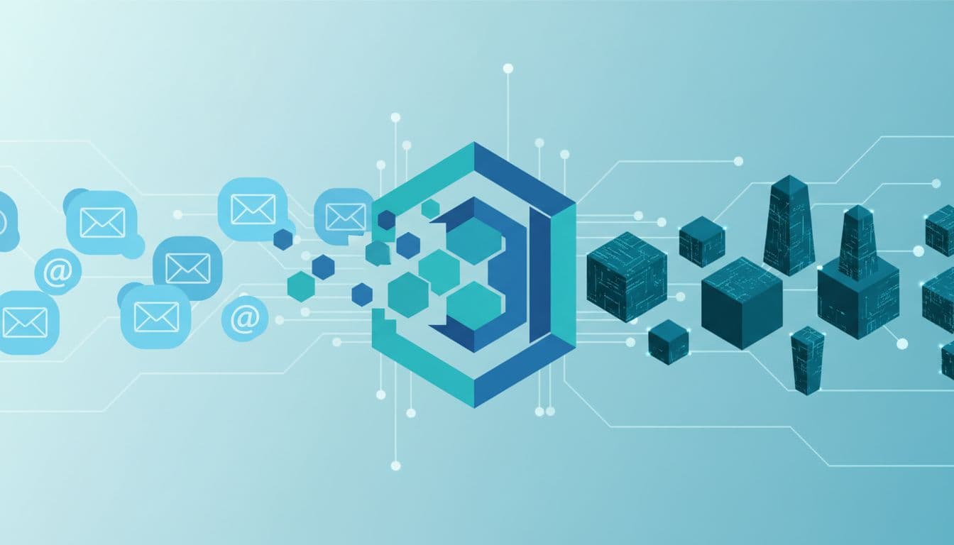 Abstract shapes and data fragments transition into structured code blocks in shades of blue and teal.