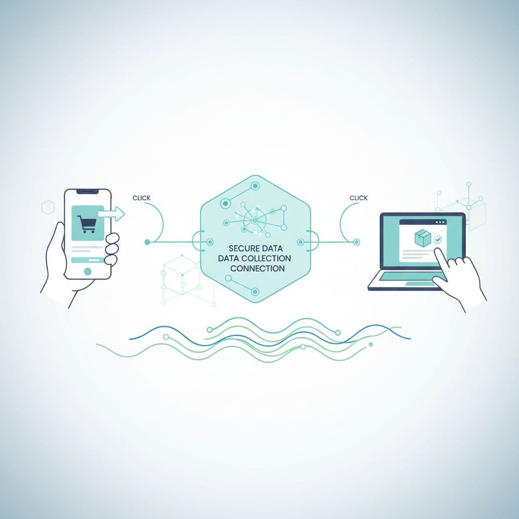 A digital illustration showing the journey from smartphone ad clicks to laptop purchases with integrated data tracking.