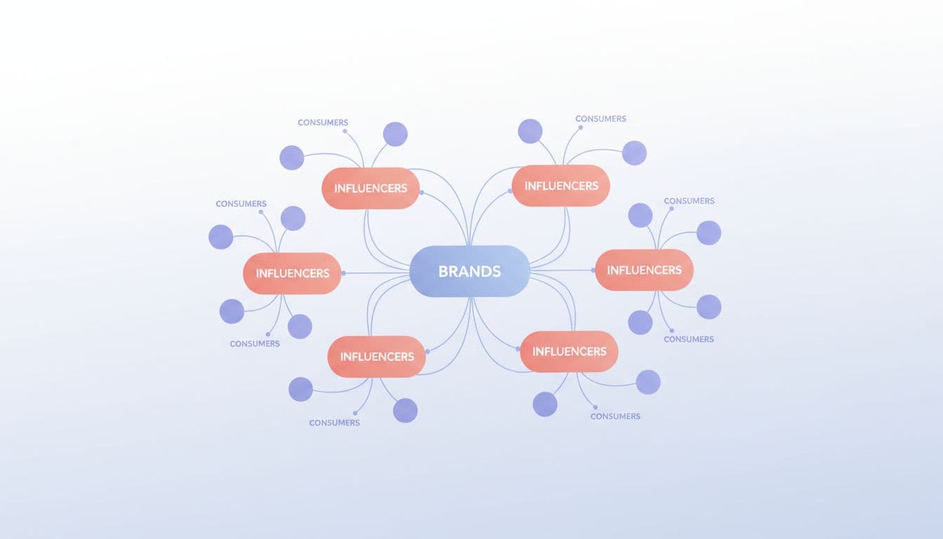 A clean diagram displays interconnected nodes representing brands, influencers, and consumers in a minimal style.