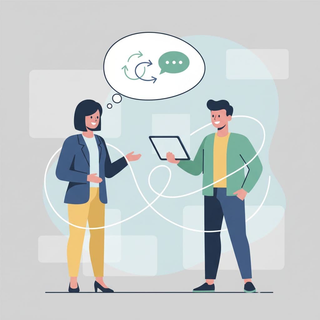 A brand manager and an influencer engage in a friendly, professional conversation using simple, modern graphic shapes.