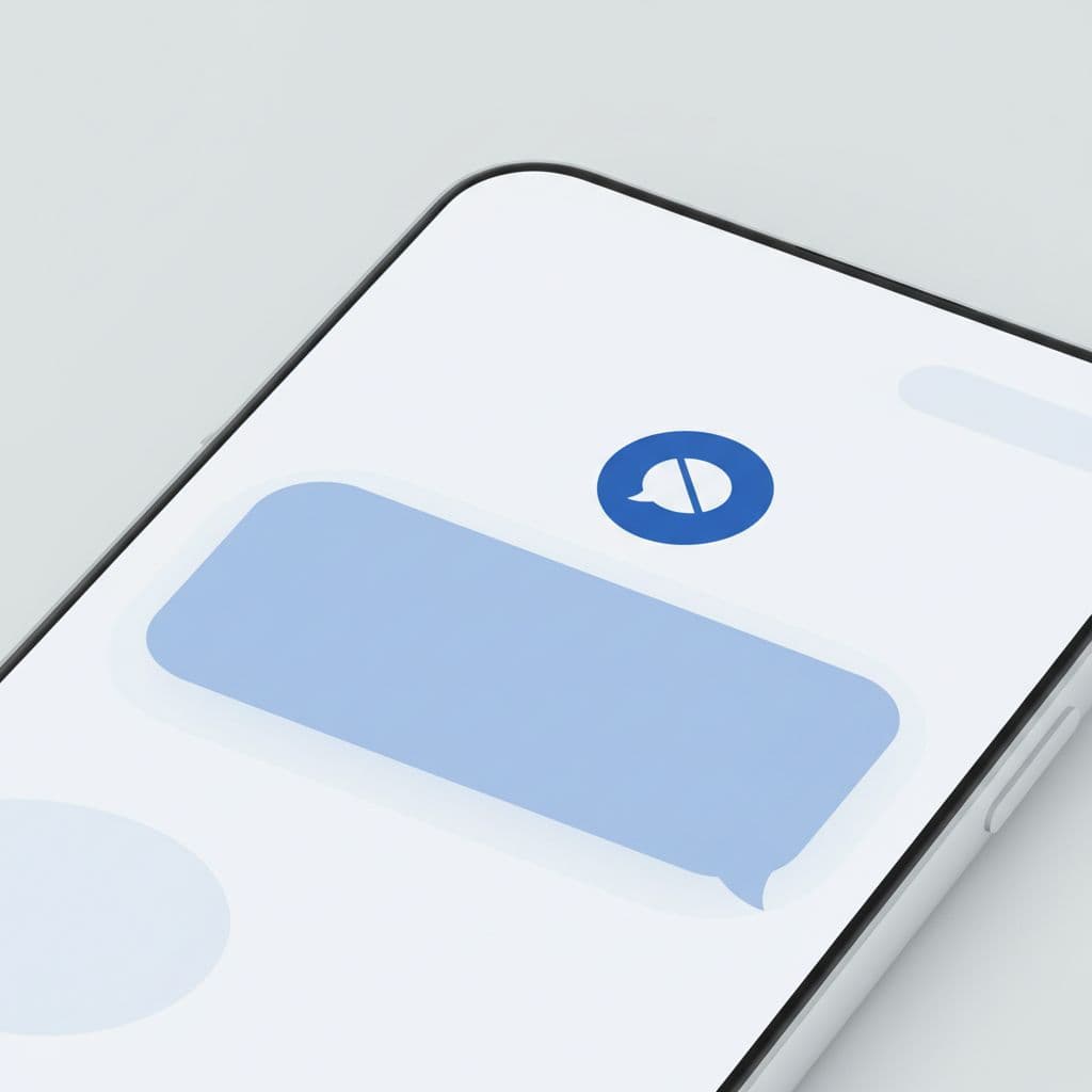 A clean mobile phone screen displays a minimalist message icon against a soft blue and white background.