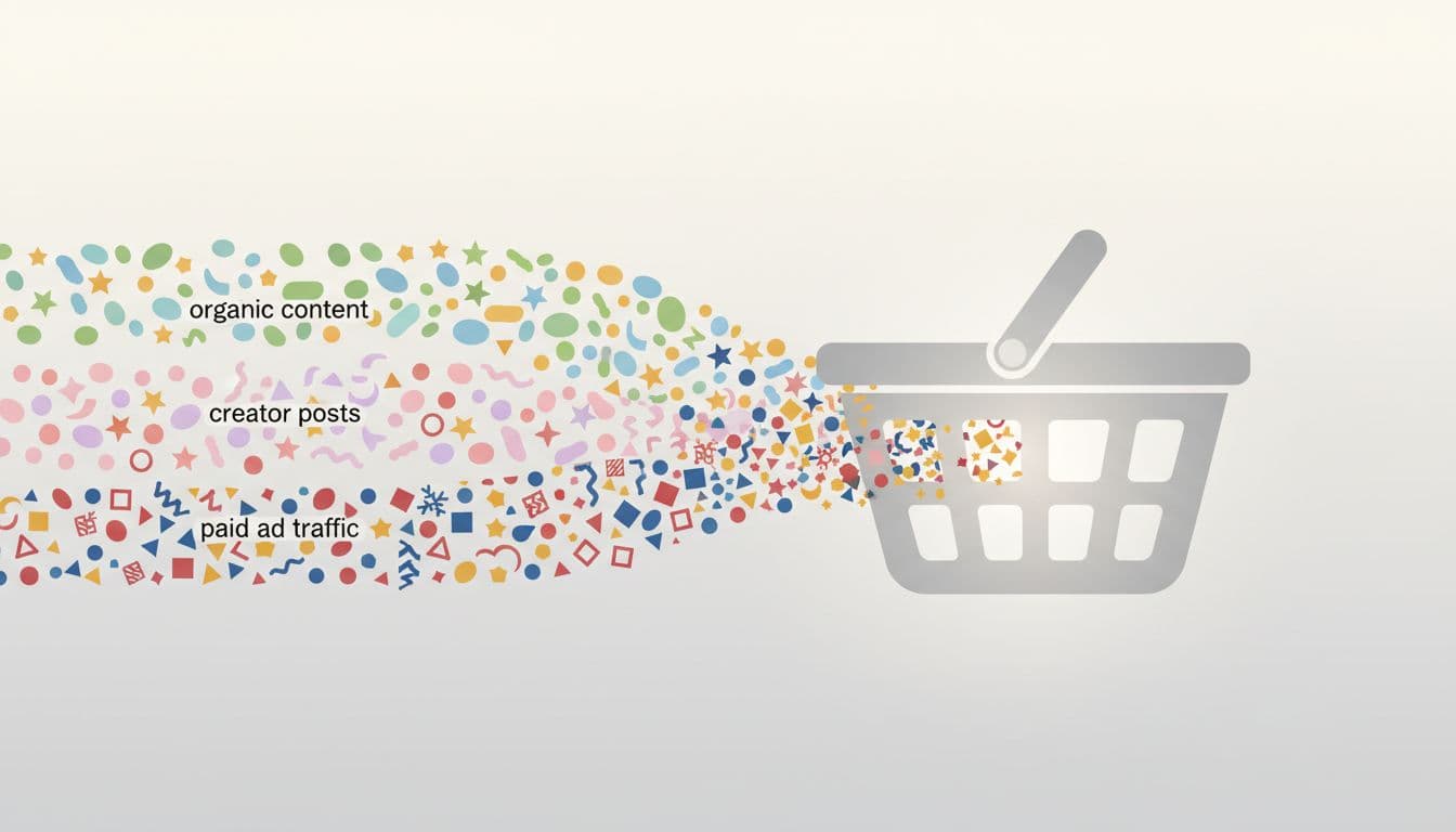 Geometric elements representing organic and paid content converge into a central shopping basket.