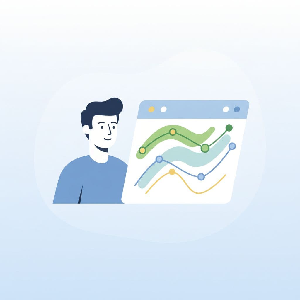 A person observes a clean, abstract dashboard featuring rounded charts and trend lines.