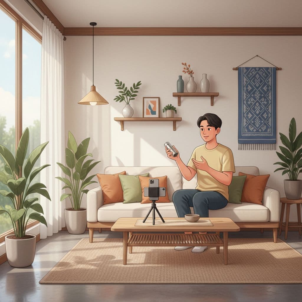 A person films a product demo with a smartphone on a tripod in a sunlit modern home.