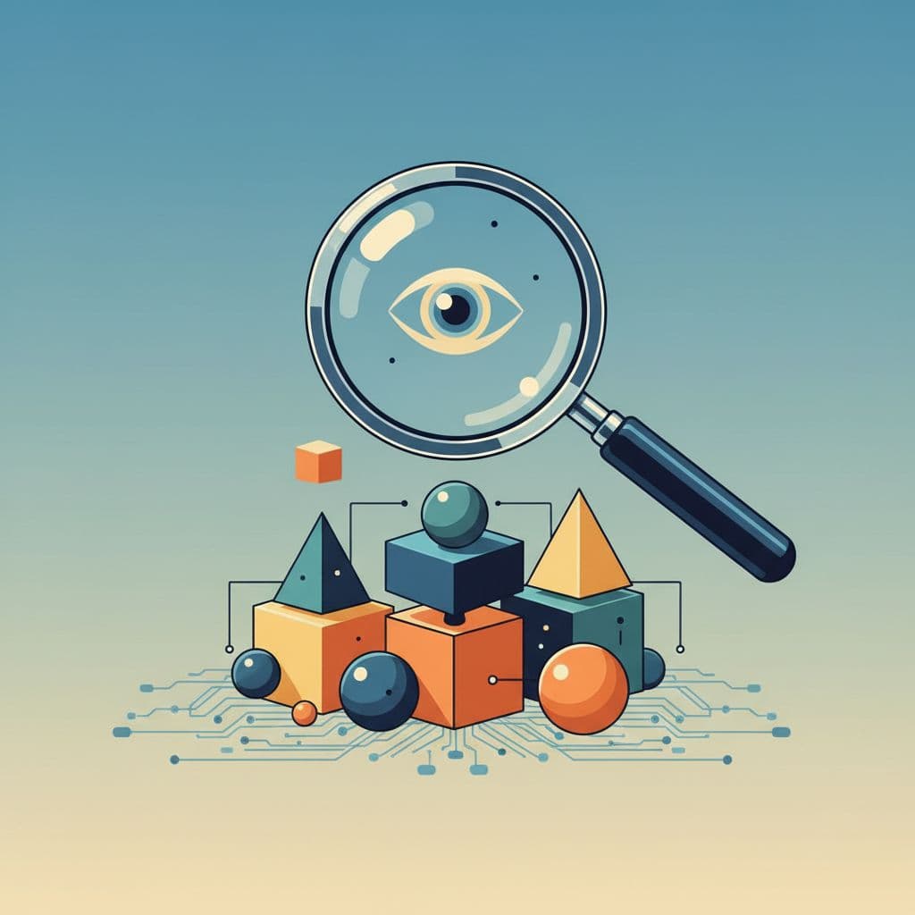 A magnifying glass hovers over a set of balanced, colorful geometric blocks on a neutral surface.
