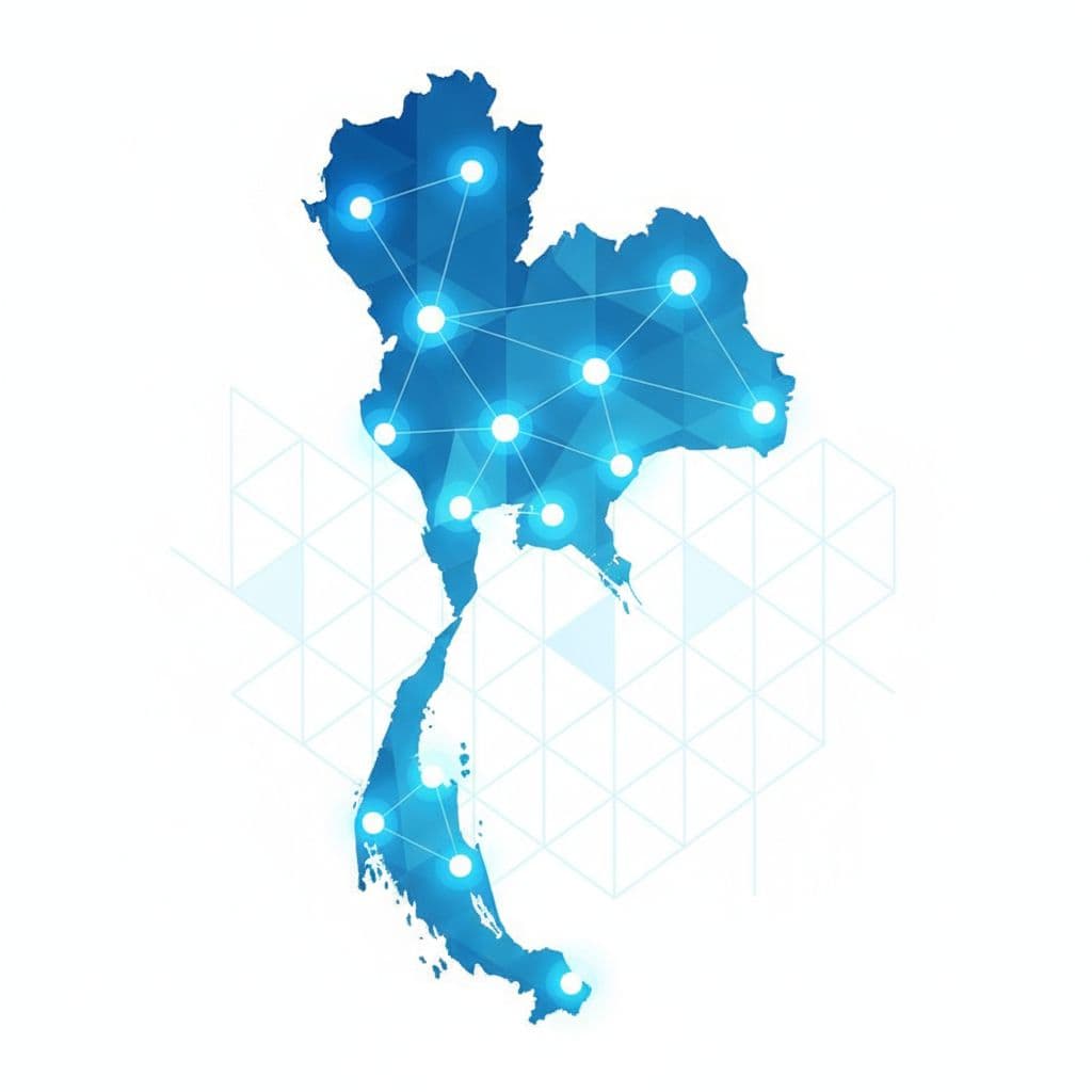 A flat vector illustration of Thailand featuring glowing interconnected nodes on a modern blue map.