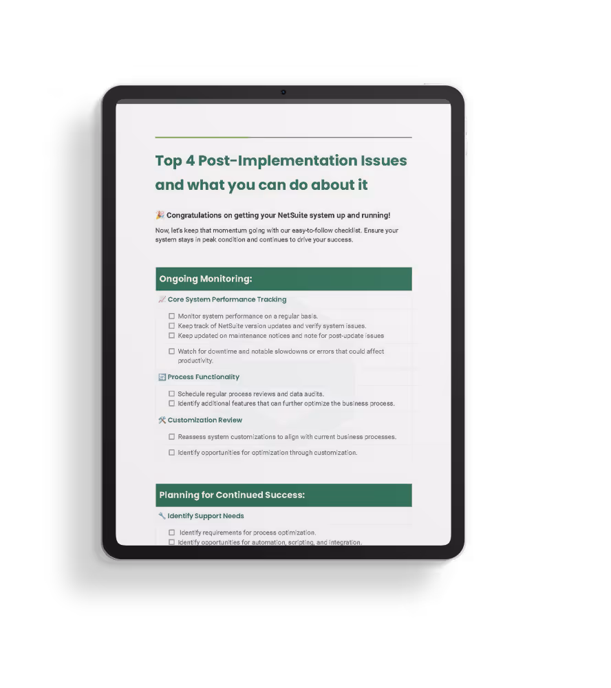 Visual guide to top 2 implementation houses and essential steps for your NetSuite success journey post-implementation.