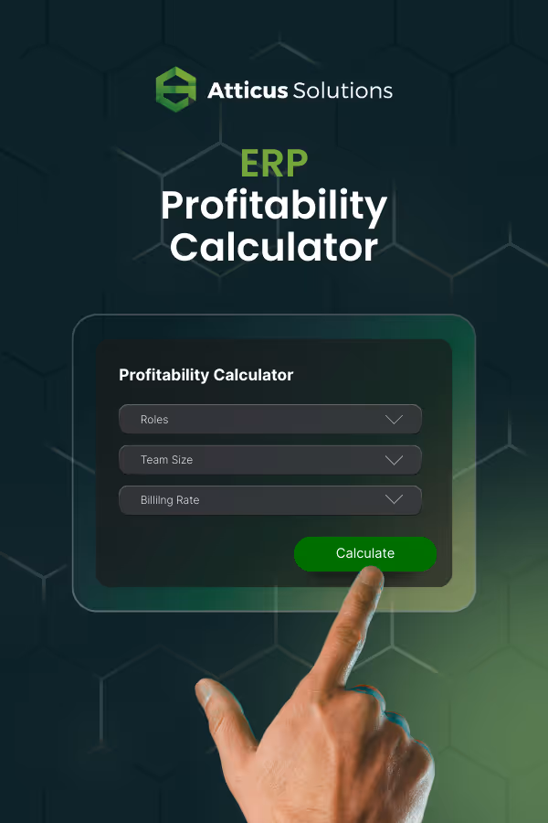 Atticus Solutions ERP profitability calculator showing revenue, labor cost, and profit margin comparison for US and offshore teams.