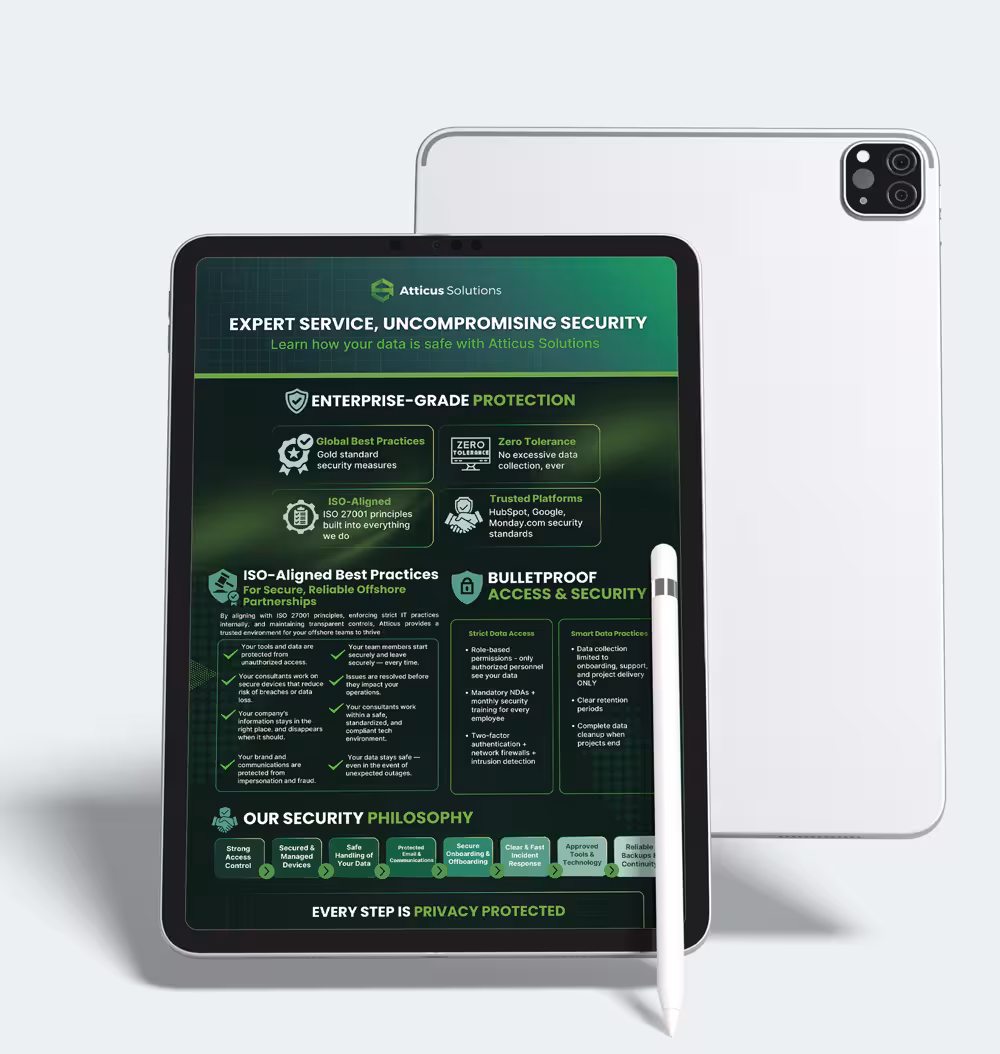 A tablet mockup with a stylus and back view of a second device, showing the Atticus Solutions Security Philosophy and ISO-aligned best practices for offshore partnerships