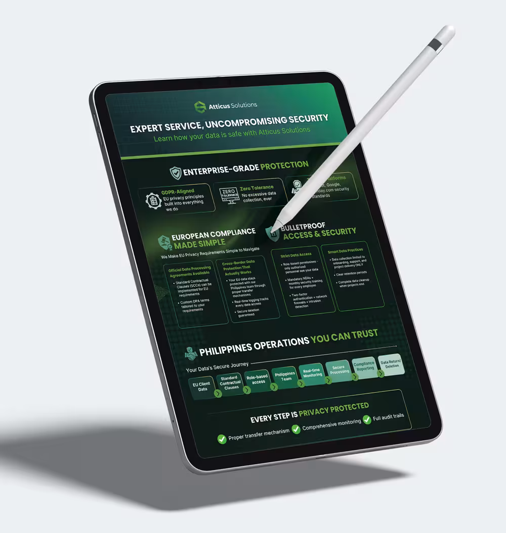 A digital tablet and stylus displaying a technical infographic about Atticus Solutions' security protocols, including European compliance and bulletproof access security measures