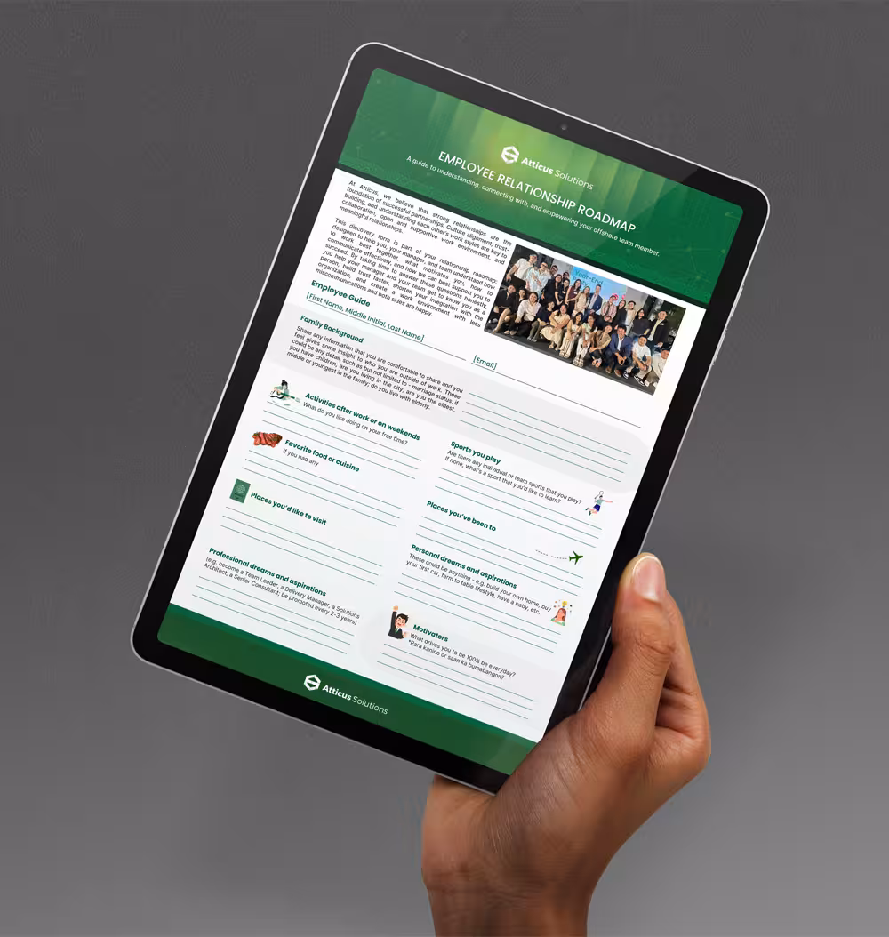 A person holding a tablet displaying the 'Employee Relationship Roadmap' by Atticus Solutions, a discovery form designed to help managers connect with and empower their offshore team members