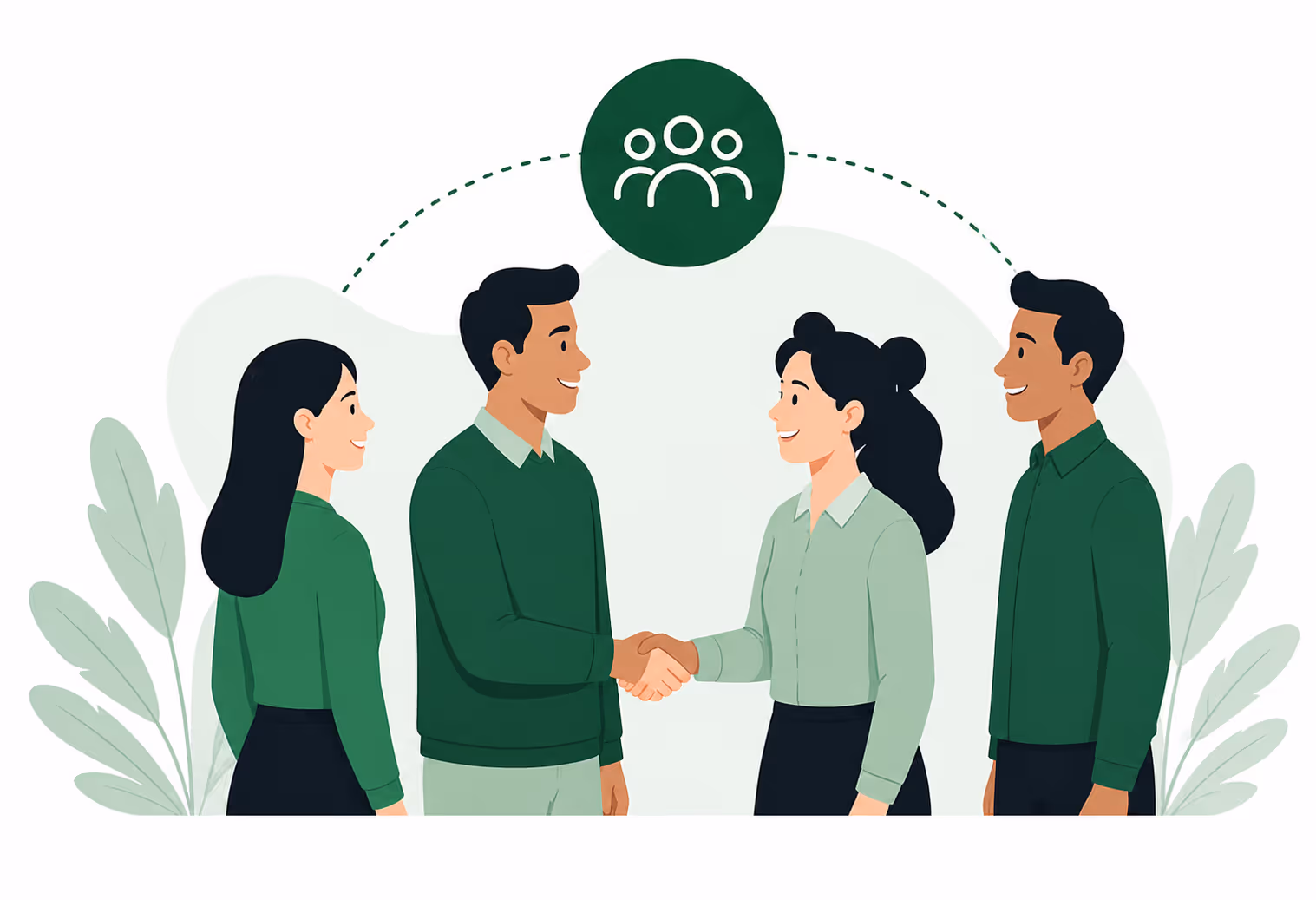 Two people shaking hands with two others standing beside them, connected by a dotted line to an icon of a group of people above.