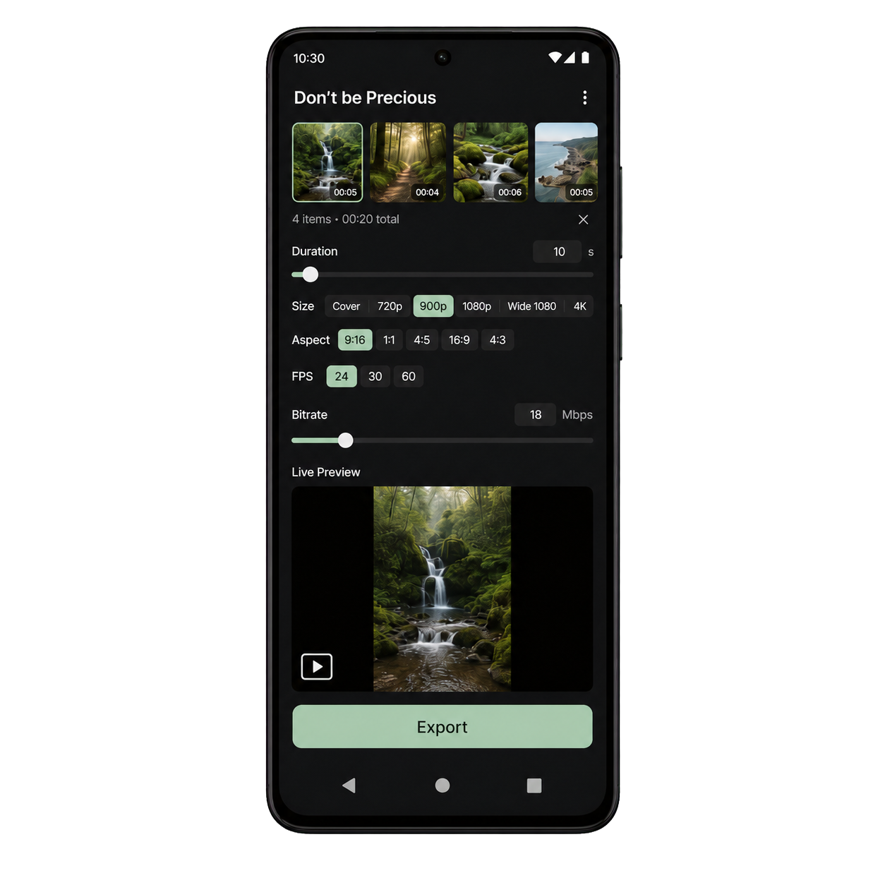 Don’t Be Precious app with media loaded and live preview