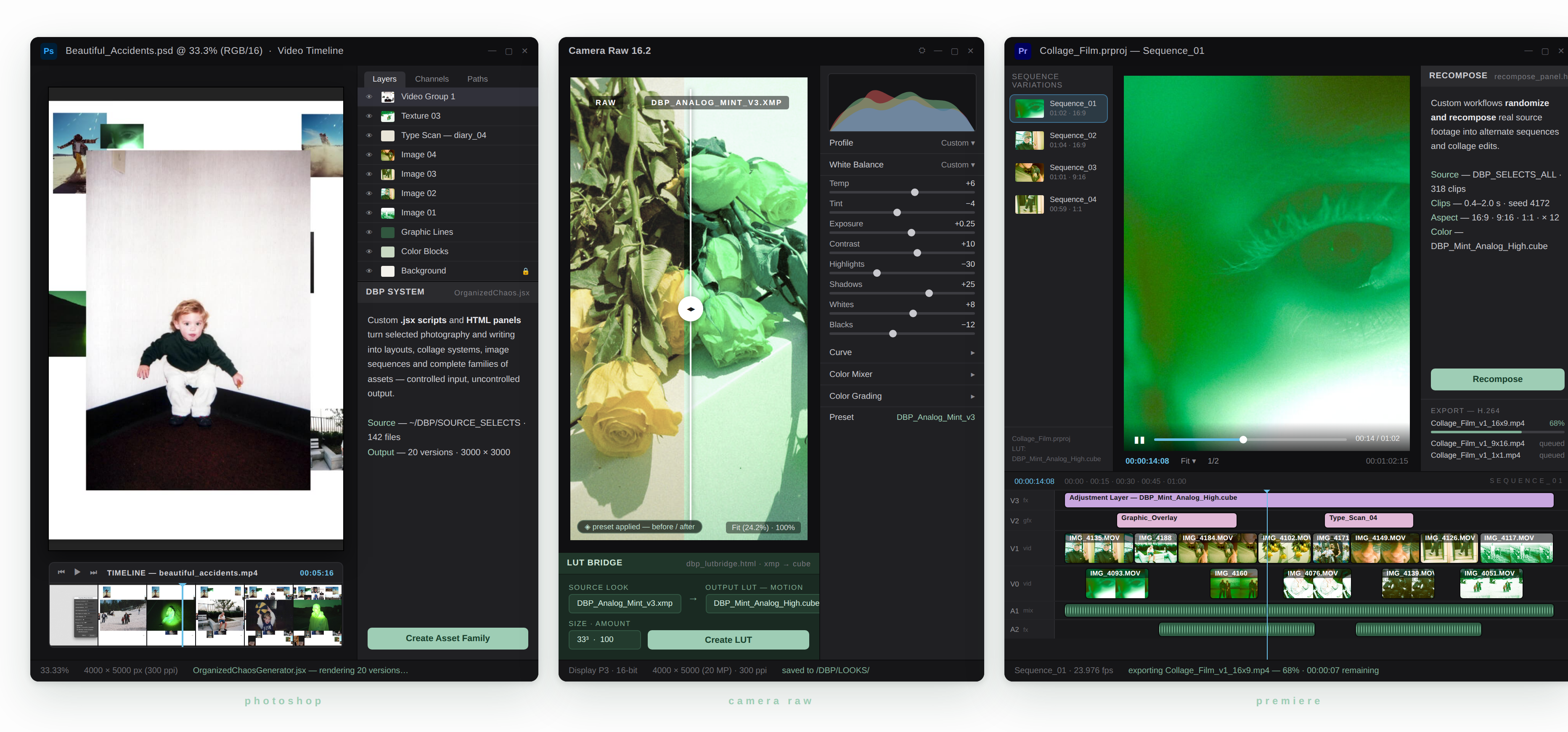 Photoshop, Camera Raw and Premiere workspaces running the custom Don't Be Precious workflow