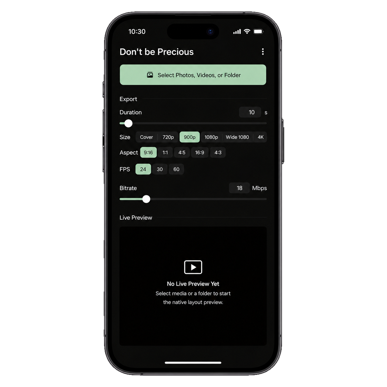 Don’t Be Precious app export controls on iPhone
