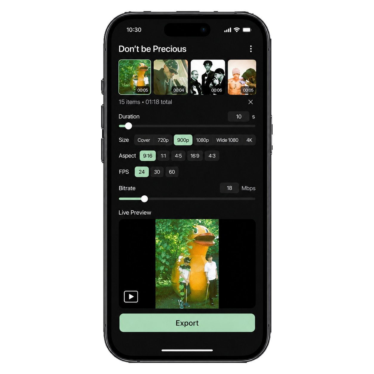 Don’t Be Precious app with media loaded and live preview on iPhone