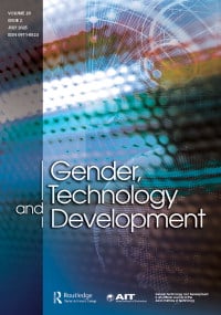 Cover of Gender, Technology and Development journal with digital abstract background in blue and orange tones.