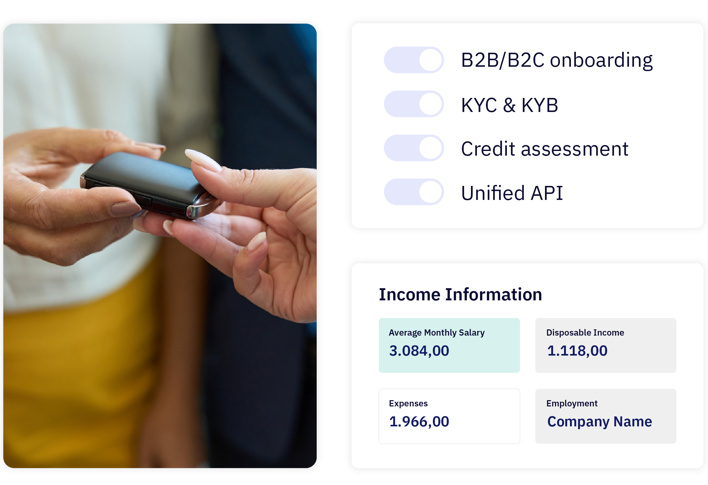 Digital service overview with B2B/B2C onboarding, KYC & KYB, Credit Assessment, and API solution; Dashboard for user 'John Doe' with graphical elements.