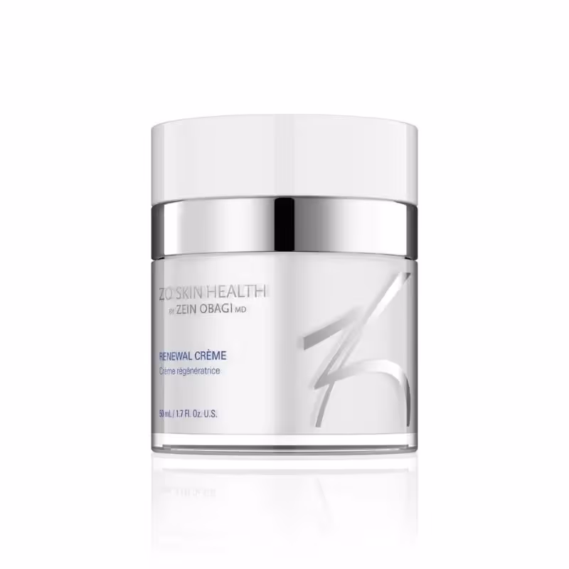 Krukke med ZO Skin Health sin Renewal Cream med hvitt lokk og klar kropp, som viser et rent og minimalistisk design. Etiketten er enkel med sølvfarget tekst.