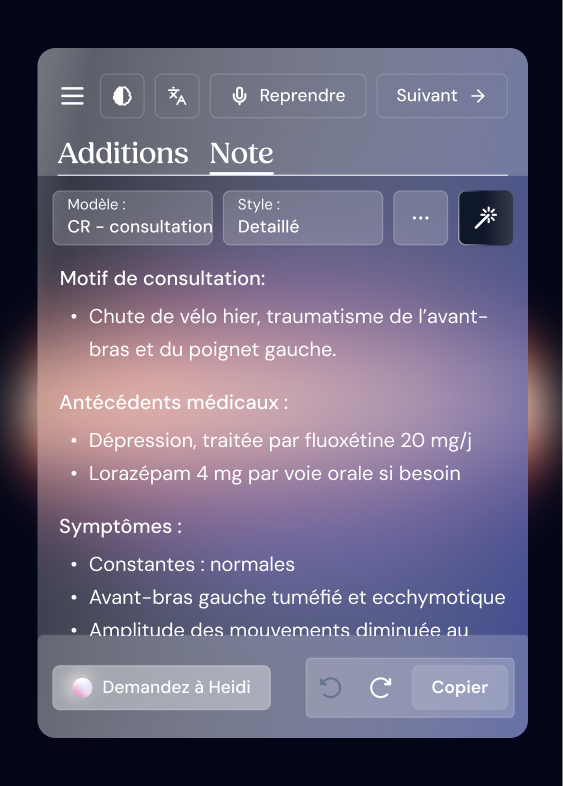 Écran de l'outil de transcription Heidi