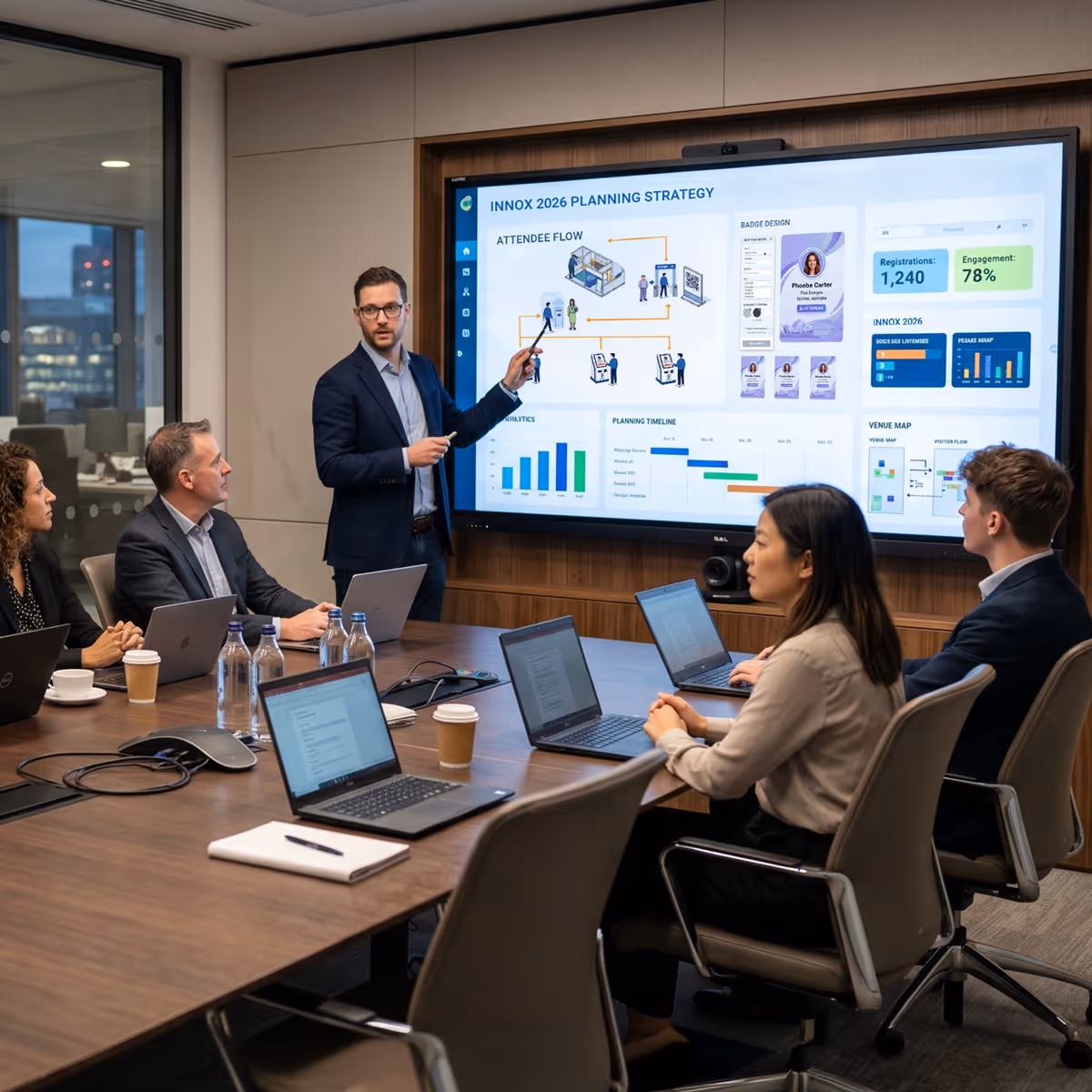 Business team in a meeting room with a man in a suit presenting a planning strategy on a large screen.