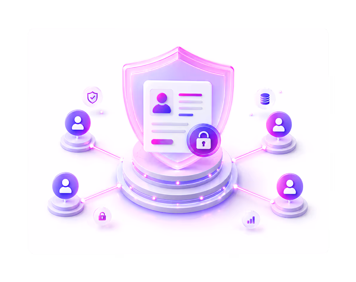 Secure user data icon with shield, personal ID card, lock, and connected user avatars in purple and pink hues.