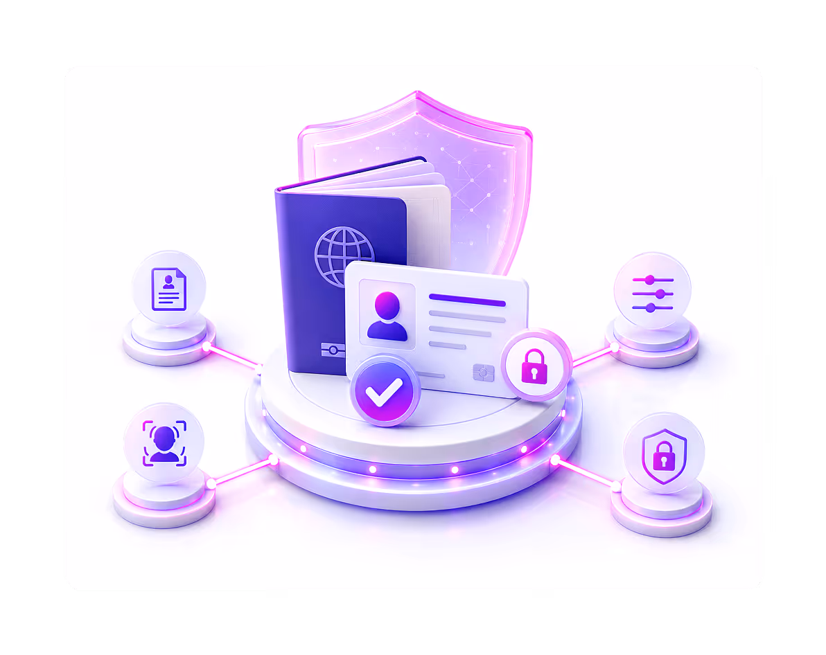 Digital ID card and passport icons on a platform with shield and security symbols connected around.