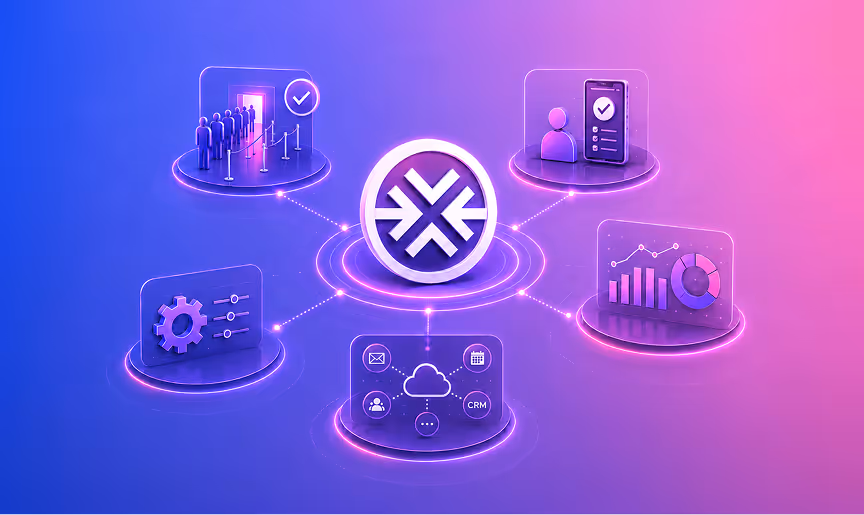 Central icon linked to five glowing panels showing people line, mobile check, gear, cloud CRM, and graphs.