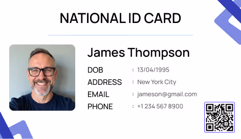National ID card for James Thompson with photo, birthdate, address, email, phone, and QR code.