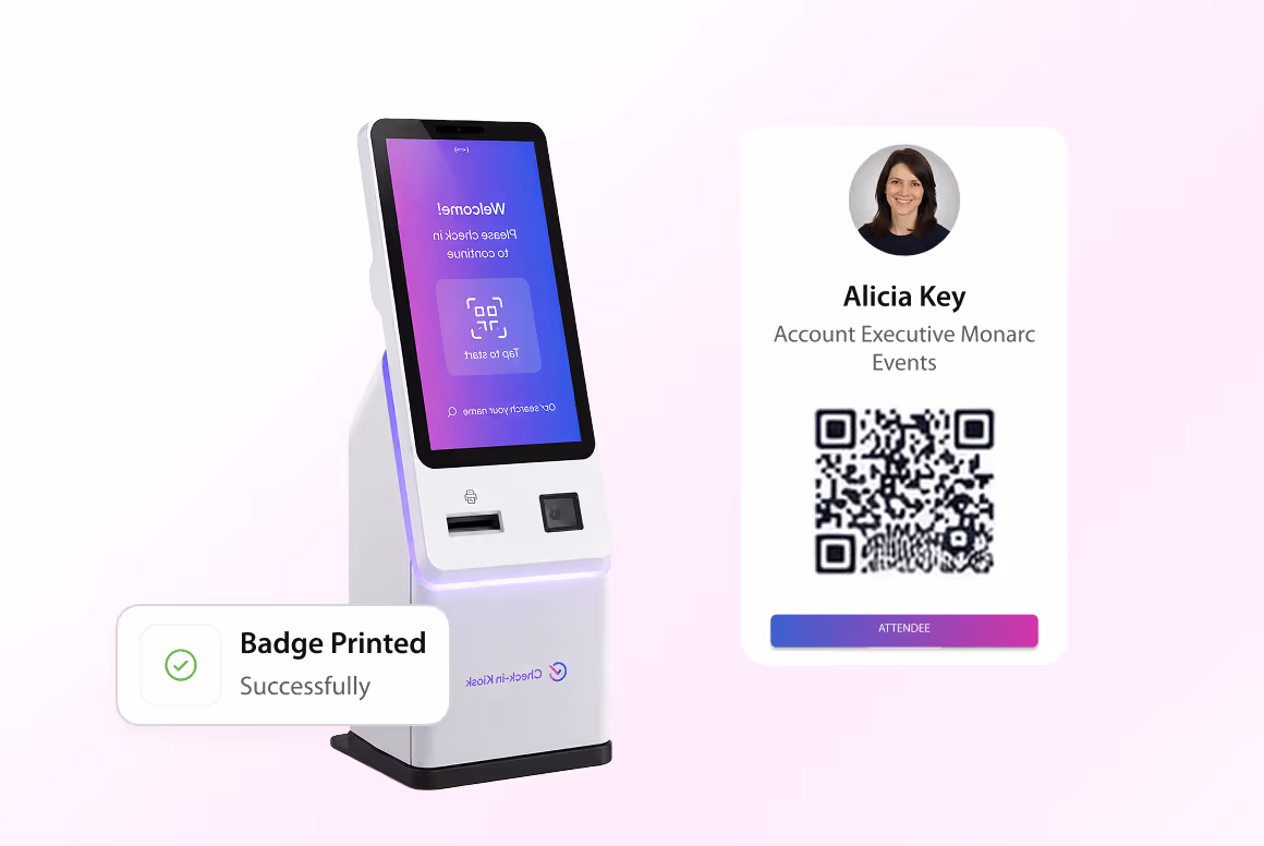 Self-check-in kiosk with a screen and printed badge for attendee Alicia Key with QR code.