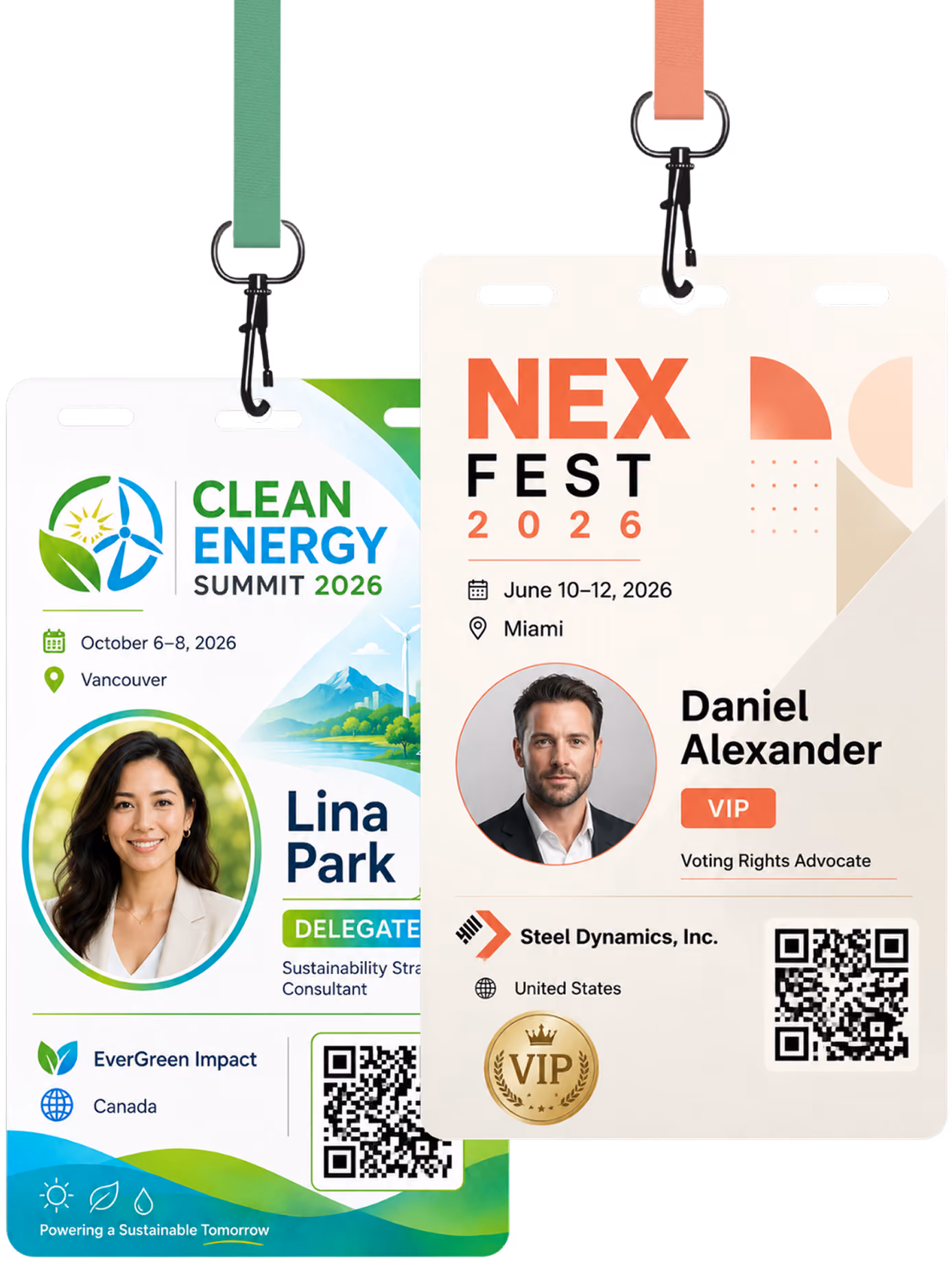 Two event badges: Clean Energy Summit with Lina Park, Vancouver, and NEX Fest with Daniel Alexander, Miami VIP.