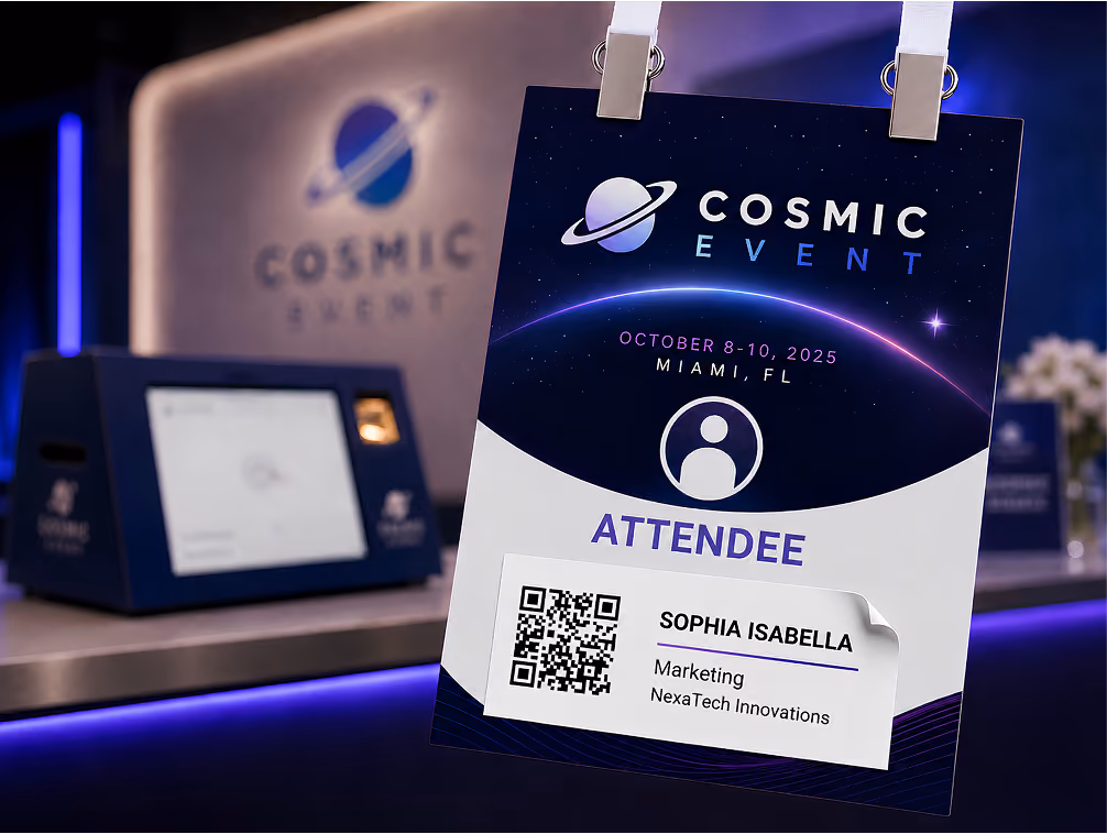 Cosmic Event attendee badge for Sophia Isabella, marketing at NexaTech Innovations, with QR code and event details.