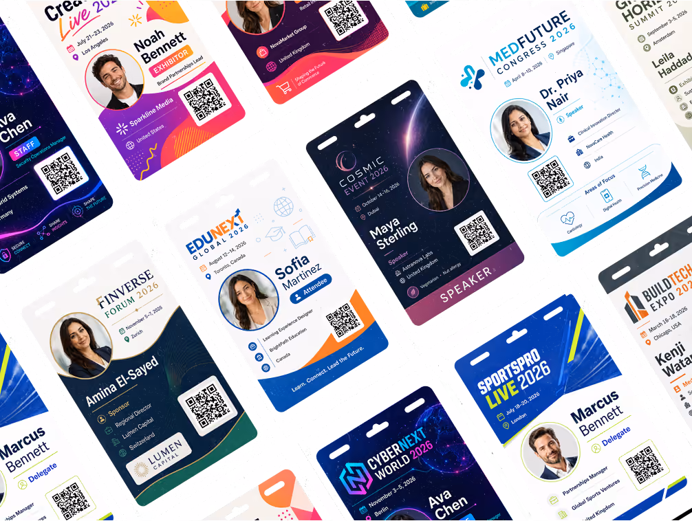Array of colorful professional event badges with photos, names, roles, companies, and QR codes.