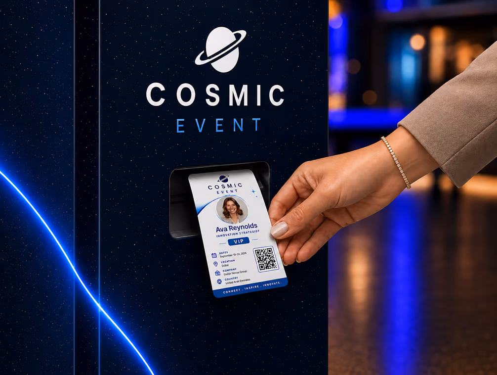 Hand holding a Cosmic Event VIP badge featuring a photo and details, near a scanner machine.