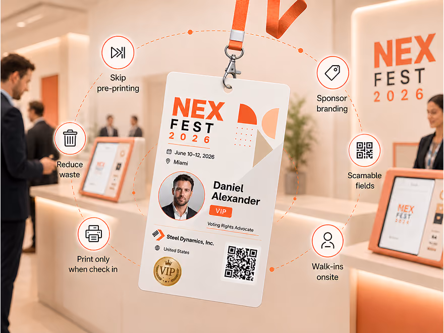 NEX FEST 2026 VIP badge with attendee photo, QR code, and event details, surrounded by badge features icons.