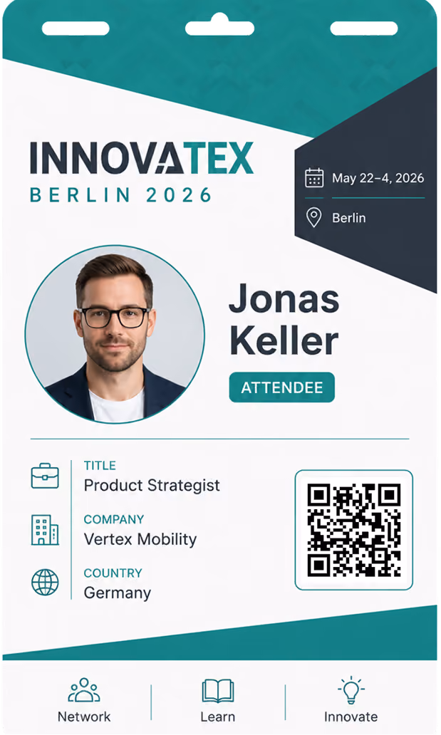 INNOVATEX Berlin 2026 badge for Jonas Keller, Product Strategist at Vertex Mobility from Germany, attendee May 22-24.