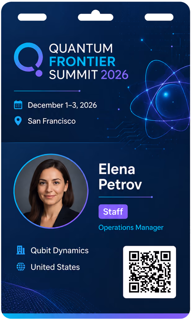 Quantum Frontier Summit 2026 badge for Elena Petrov, staff operations manager at Qubit Dynamics, San Francisco.