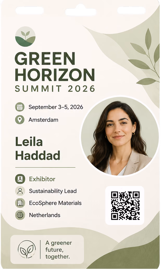 Green Horizon Summit 2026 badge for Leila Haddad, exhibitor and Sustainability Lead from EcoSphere Materials, Netherlands.
