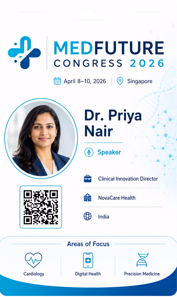 MedFuture Congress 2026 badge for Dr. Priya Nair, speaker and Clinical Innovation Director at NovaCare Health, India.