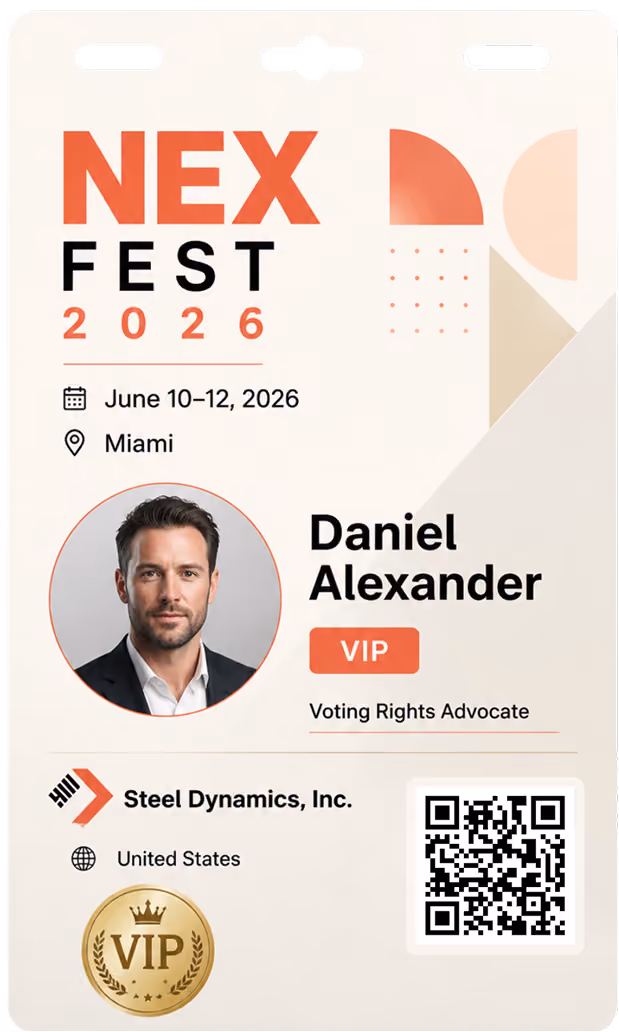 NEX FEST 2026 VIP badge for Daniel Alexander, Voting Rights Advocate from Steel Dynamics, with photo and QR code.