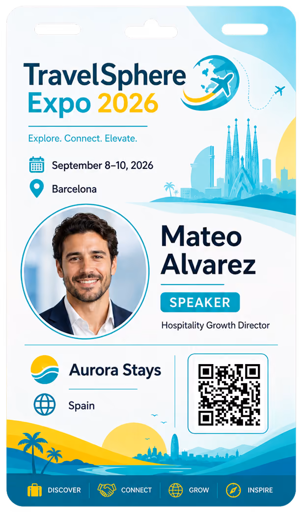 TravelSphere Expo 2026 badge for Mateo Alvarez, speaker and Hospitality Growth Director from Aurora Stays, Spain.