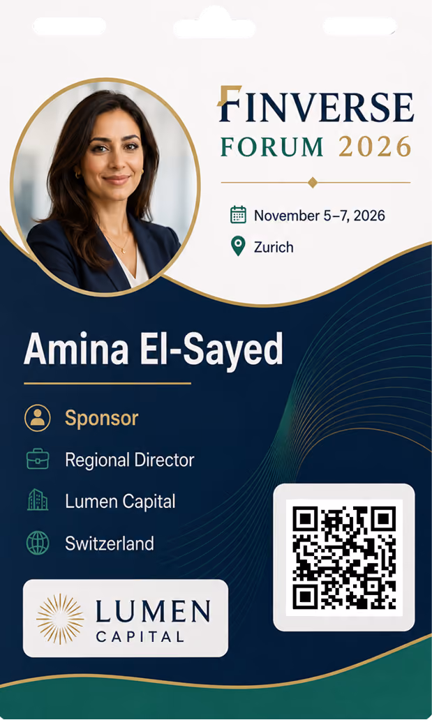 ID badge for Finverse Forum 2026 featuring Amina El-Sayed, Regional Director at Lumen Capital in Switzerland.