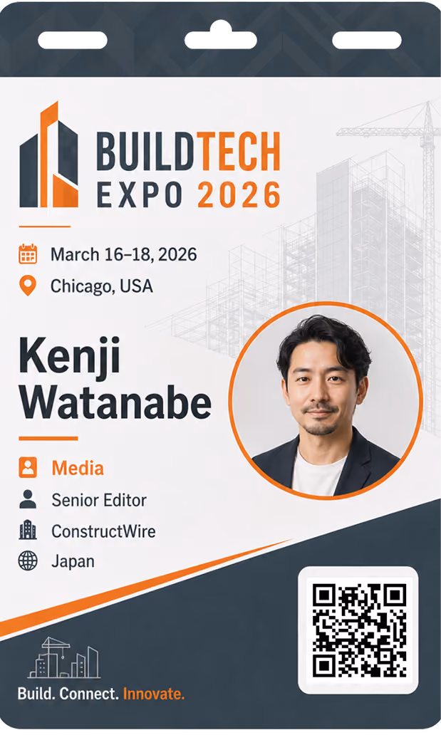 Conference badge for Kenji Watanabe, Senior Editor from Japan at BuildTech Expo 2026 in Chicago, March 16-18.