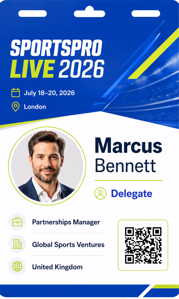 Badge for SPORTSPRO LIVE 2026 in London July 18-20, for delegate Marcus Bennett, Partnerships Manager.