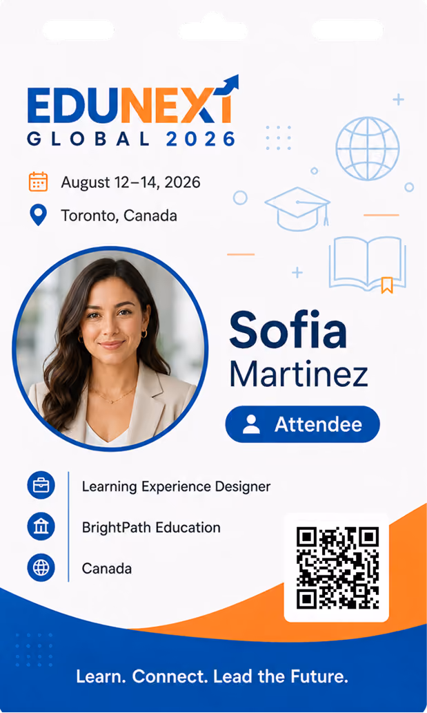 Conference badge for Sofia Martinez, Learning Experience Designer from Canada, EDU Next Global 2026 attendee.