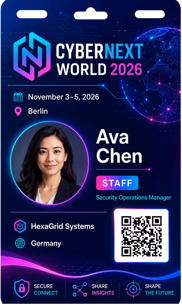 CyberNext World 2026 staff badge for Ava Chen, Security Operations Manager at HexaGrid Systems in Berlin.