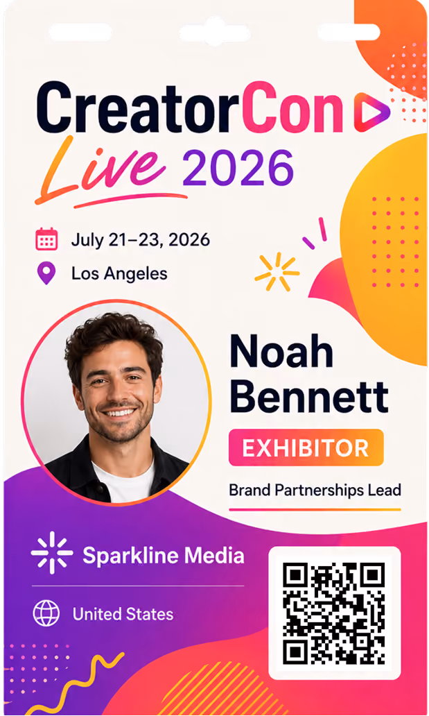Conference badge for CreatorCon Live 2026 with photo of Noah Bennett, exhibitor at Sparkline Media from USA.