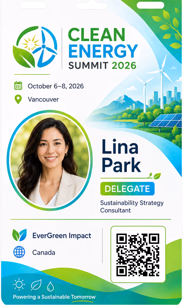 Conference badge for Lina Park, delegate and sustainability strategy consultant at Clean Energy Summit 2026 in Vancouver.