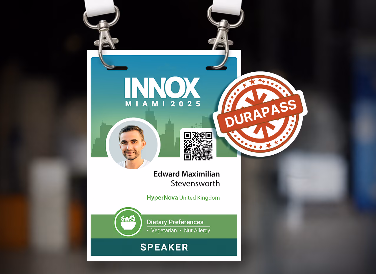 Conference badge for Edward Maximilian Stevensworth, speaker at INNOX Miami 2025, with dietary notes and DURAPASS.