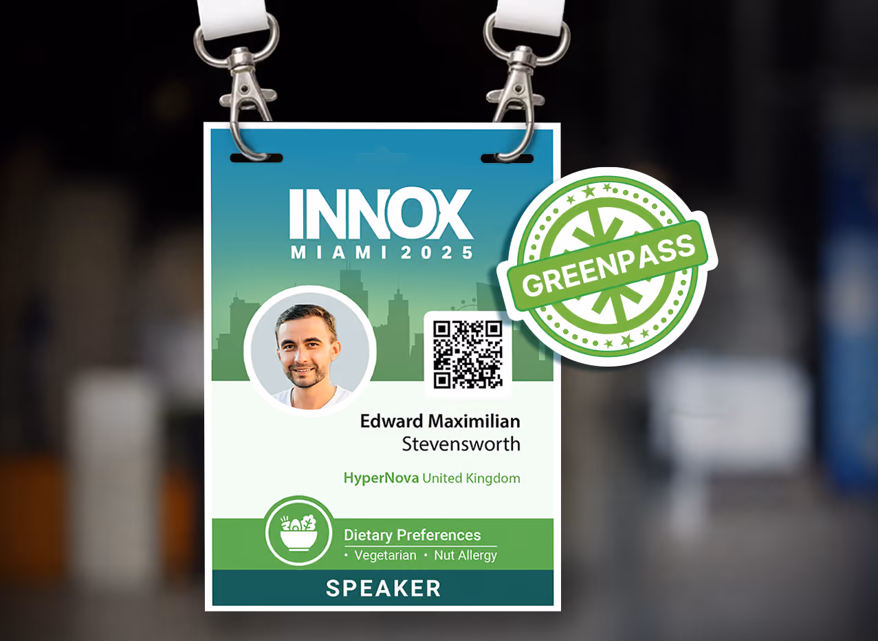 Conference badge for Edward Maximilian Stevensworth, speaker at INNOX Miami 2025, with dietary notes and GreenPass.